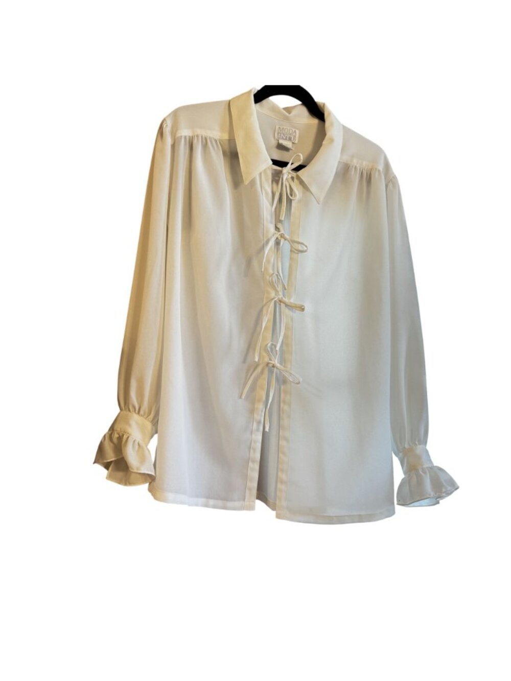Moda Intl Sheer Long Sleeve Blouse Ivory Ruffled Cuffs Tie Front - Picture 5 of 7